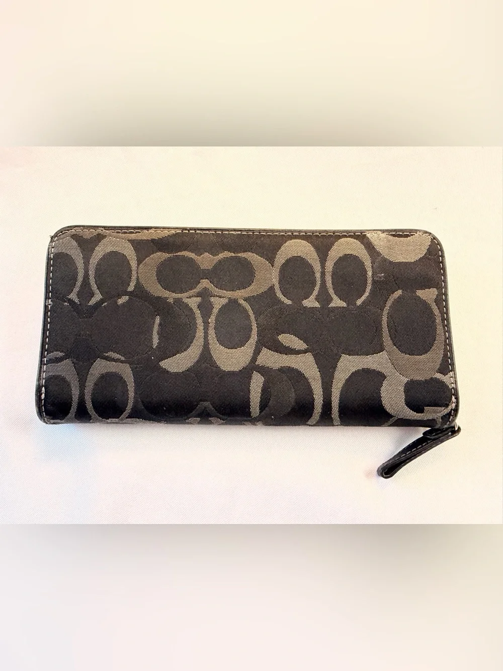 Coach Black Signature Monogram Canvas Zip Accordion Wallet